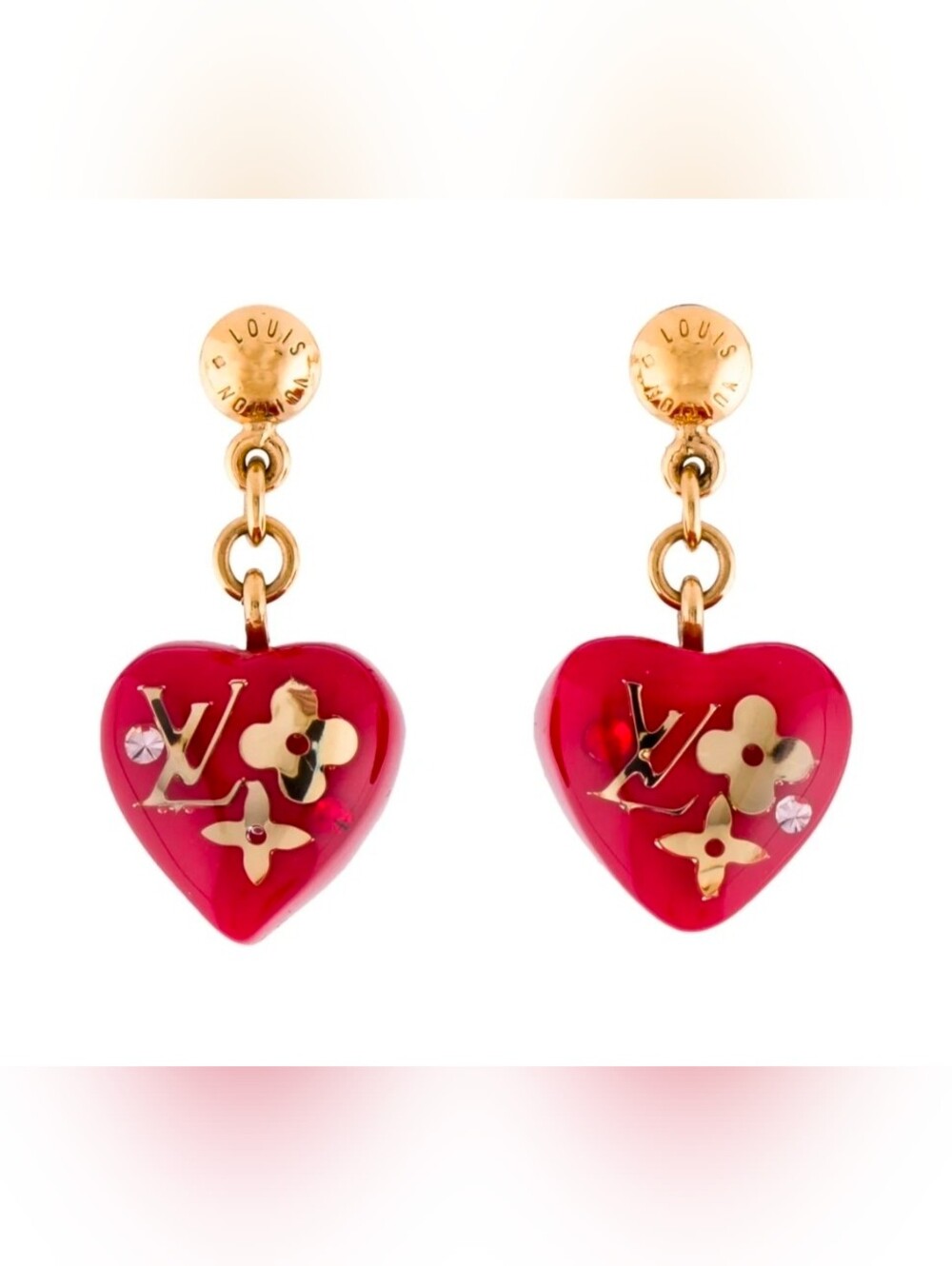 Louis Vuitton Pink-Red Heart Drop Earrings with Gold Accents
